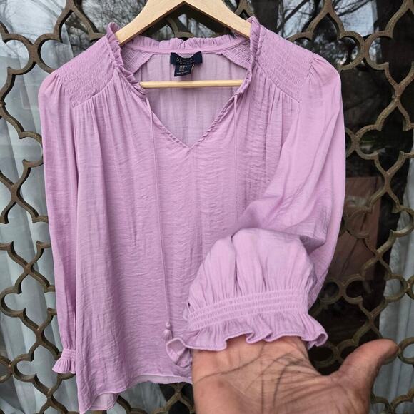Rachel Roy Womens Lilac Purple Peasant Top M Boho Cottage Tassels Puff Sleeve - Picture 3 of 10